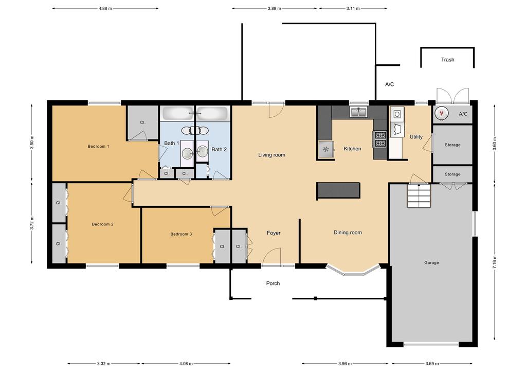 JNCO 3 Bed/2 Bath Duplex, 1254 sq ft.